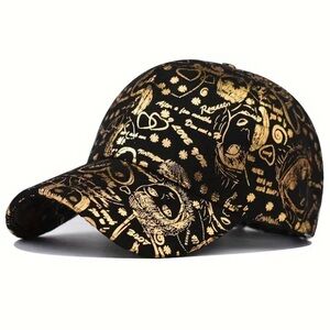 Black Baseball Cap w/ Gold Stamped Graffiti Patterned